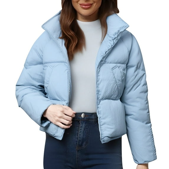 Breezora Women's Short Puffer Jacket with Stand Collar Lightweight Warm Winter Coat Casual Outerwear XL Size Blue