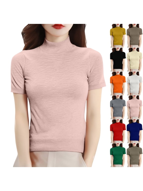 Women's Short Sleeve Mock Neck Knit Pullover Top Turtleneck Sweater Casual Everyday Essential Versatile Classic Shirt