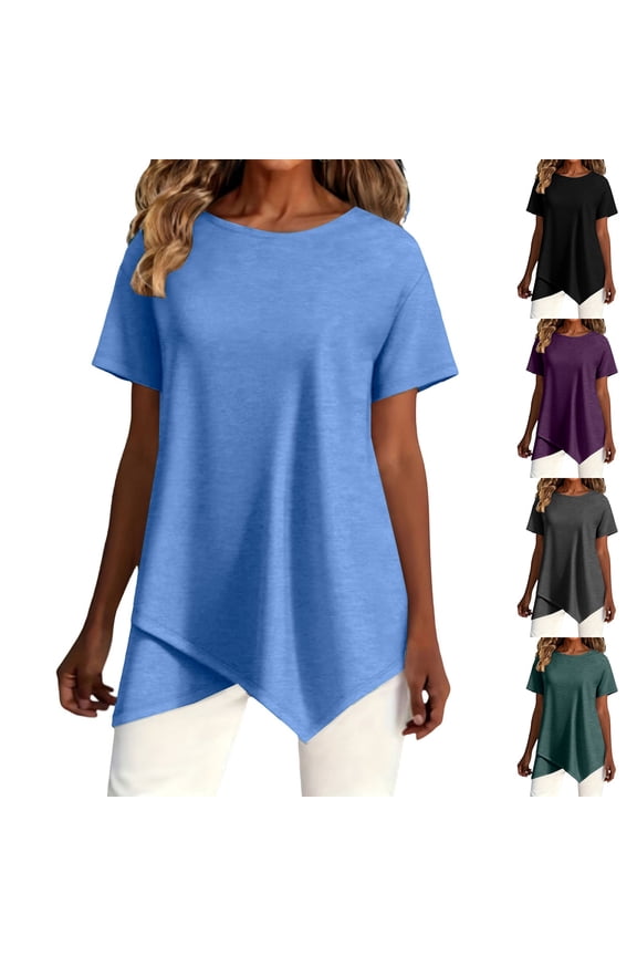 Women's Short Sleeve T-Shirt, Crew Neck Asymmetrical Hem Top, Solid Color Casual Loose Fit Summer Blouse for Daily Wear