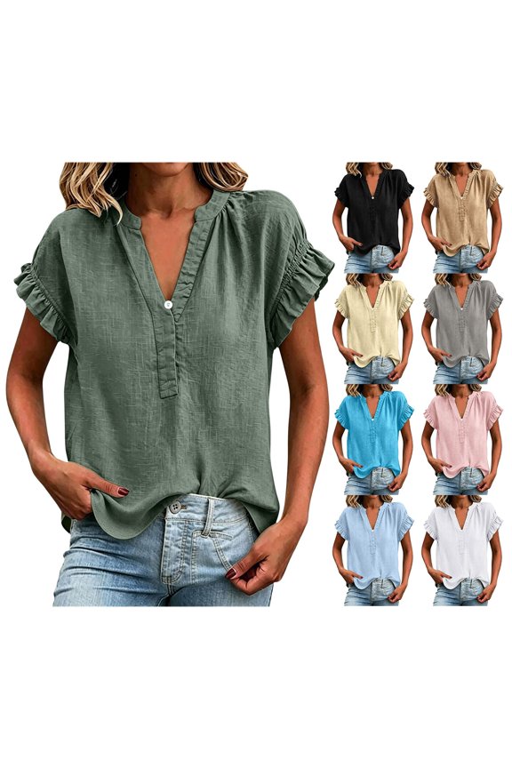 Women's Short Sleeve T-Shirt, V-Neck Button Down Blouse, Lightweight Cotton Linen Blend Top, Casual Loose Fit Summer Tee for Daily Wear