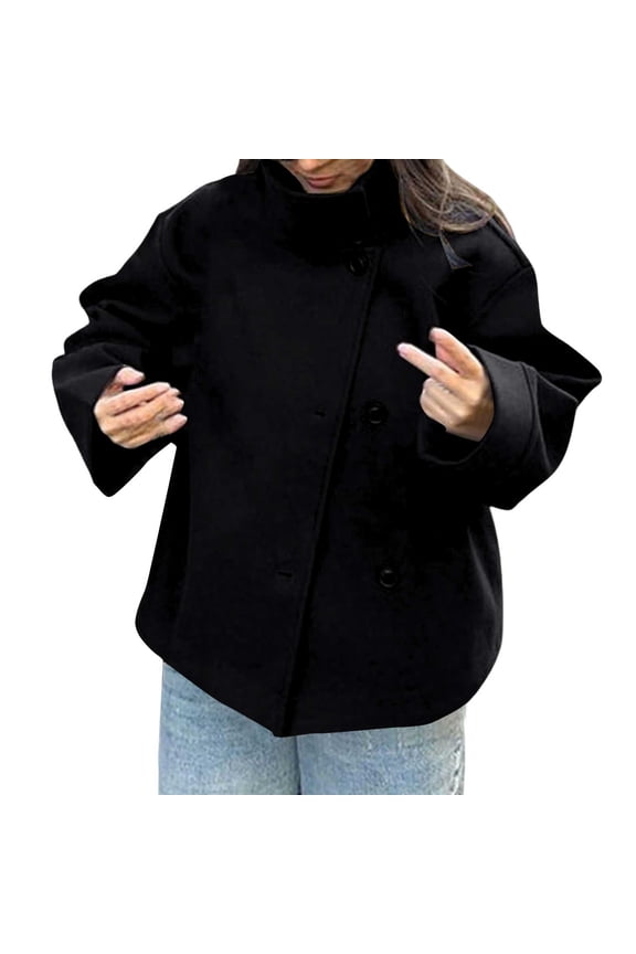 Women's Short Wool Blend Crop Coat Stand Collar Button Front Loose Casual Winter Jacket Outerwear L Size Black