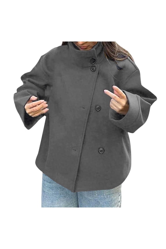 Women's Short Wool Blend Crop Coat Stand Collar Button Front Loose Casual Winter Jacket Outerwear L Size Grey