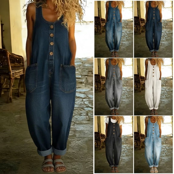 Breezora Women's Sleeveless Denim Jumpsuit Retro Washed Cotton Overall With Multi Pockets And Button Front
