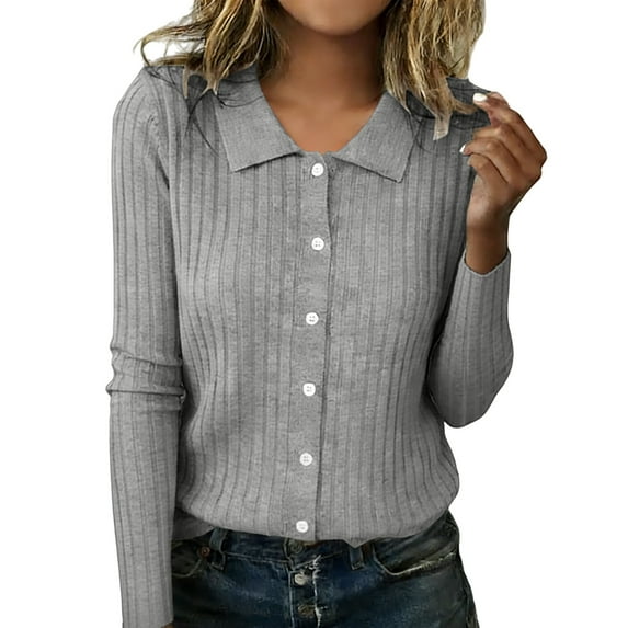 Breezora Women's Slim Button Down Cardigan Soft Everyday Jacket for Work and Casual Wear Grey