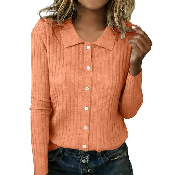 Breezora Women's Slim Button Down Cardigan Soft Everyday Jacket for Work and Casual Wear Orange
