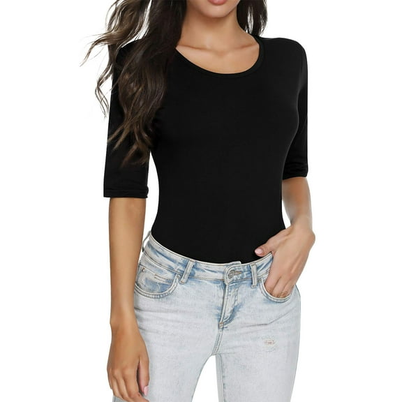 Breezora Women's Slim Fit Short Sleeve T-Shirt Breathable Summer Top Square Neck Casual Tee for Everyday Wear L Size Black