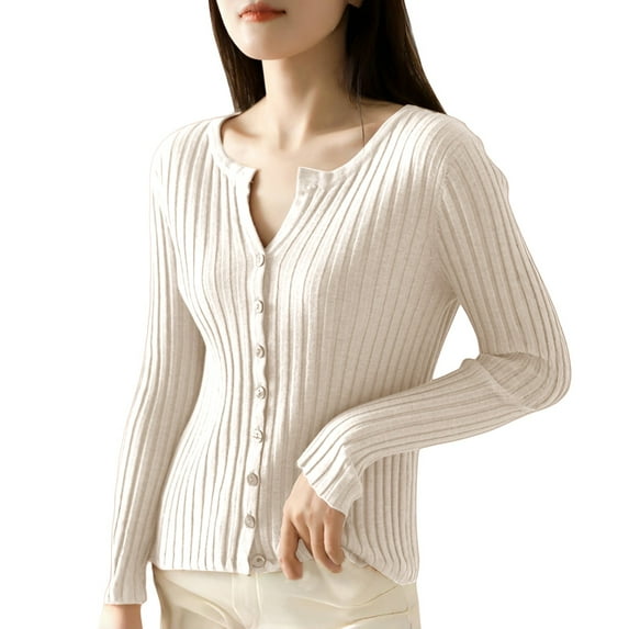 Breezora Women's Solid Color Knit Cardigan Sweater Long Sleeve Round Neck Open Front Lightweight Fall Blouse Top L Size Beige
