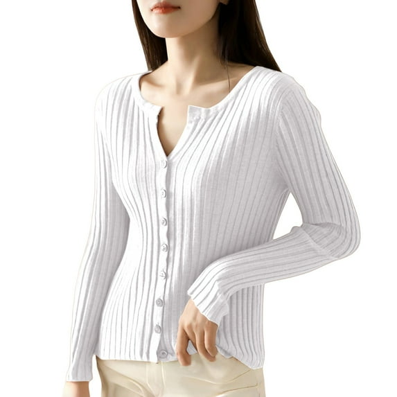 Breezora Women's Solid Color Knit Cardigan Sweater Long Sleeve Round Neck Open Front Lightweight Fall Blouse Top XL Size White