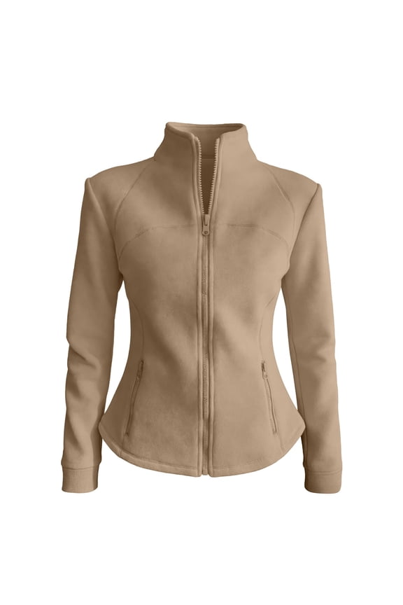 Women's Stand Collar Slim Fit Long Sleeve Jacket with Full Zip and Side Pockets for Casual Outerwear M Size Khaki
