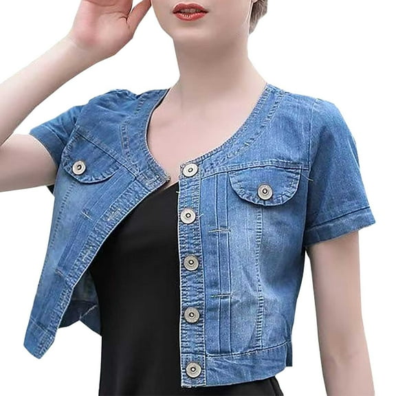 Breezora Women's Stretch Denim Shirt Jacket Short Sleeve Round Neck Lightweight Summer Top Versatile Cover Up L Size Dark Blue