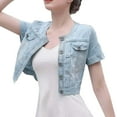 thumbnail image 1 of Breezora Women's Stretch Denim Shirt Jacket Short Sleeve Round Neck Lightweight Summer Top Versatile Cover Up S Size Light Blue, 1 of 7