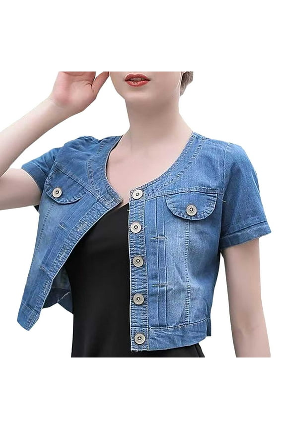 Women's Stretch Denim Shirt Jacket Short Sleeve Round Neck Lightweight Summer Top Versatile Cover Up XL Size Dark Blue