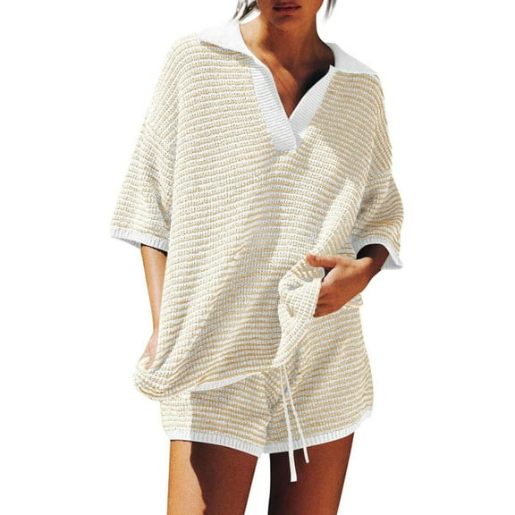 Breezora Women's Striped Knit Two Piece Set V Neck Sweater Top with Comfortable High Waisted Shorts Casual Outfit L Size Beige