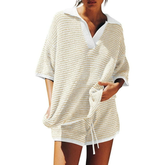 Breezora Women's Striped Knit Two Piece Set V Neck Sweater Top with Comfortable High Waisted Shorts Casual Outfit L Size Beige
