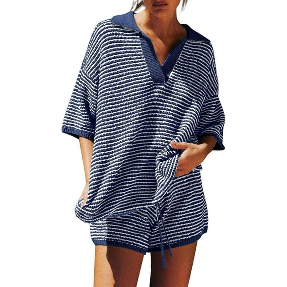 Breezora Women's Striped Knit Two Piece Set V Neck Sweater Top with Comfortable High Waisted Shorts Casual Outfit M Size Navy
