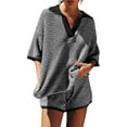 thumbnail image 1 of Breezora Women's Striped Knit Two Piece Set V Neck Sweater Top with Comfortable High Waisted Shorts Casual Outfit XL Size Black, 1 of 9
