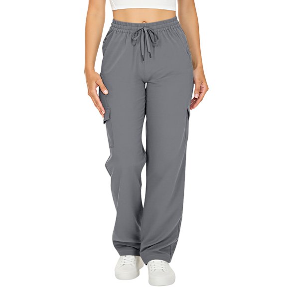 Breezora Women's Stylish Casual Wide Leg Trousers with Drawstring Waist and Functional Pockets for Everyday Wear S Size Grey