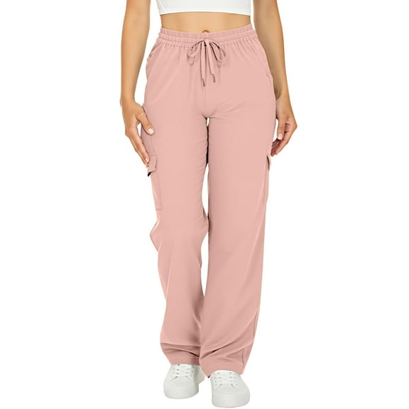Breezora Women's Stylish Casual Wide Leg Trousers with Drawstring Waist and Functional Pockets for Everyday Wear S Size Pink
