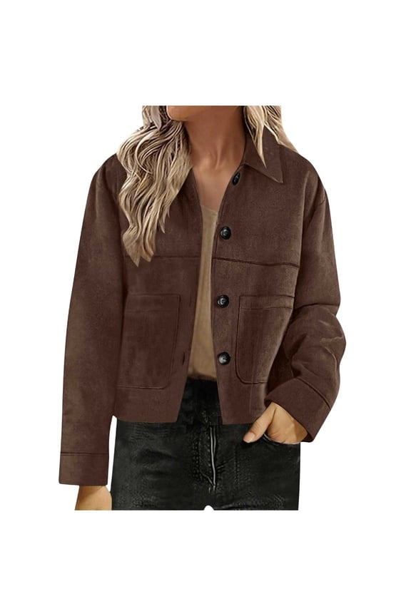 Women's Suede Jacket Casual Button Down Cropped with Long Sleeves for Autumn Work and Outerwear XXL Size Brown
