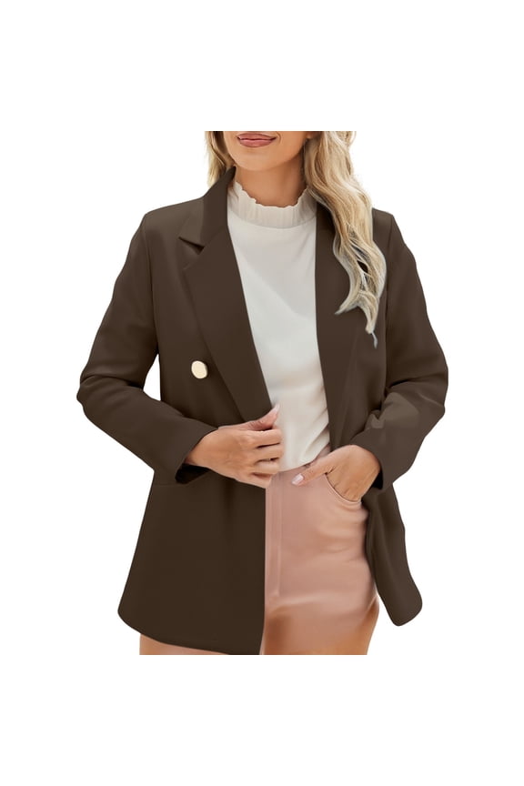 Women's Tailored Lapel Jacket Long Sleeve Career Coat Modern Office Wear With Functional Pockets XXL Size Coffee
