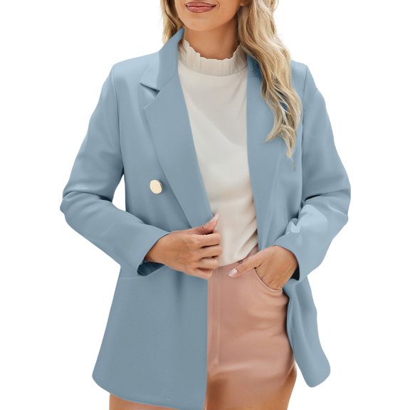 Breezora Women's Tailored Lapel Jacket Long Sleeve Career Coat Modern Office Wear With Functional Pockets XXXL Size Light Blue