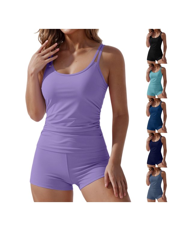 Women's Tankini Swim Set Modest Slimming Two Piece High Waisted Shorts Bathing Suit for Summer