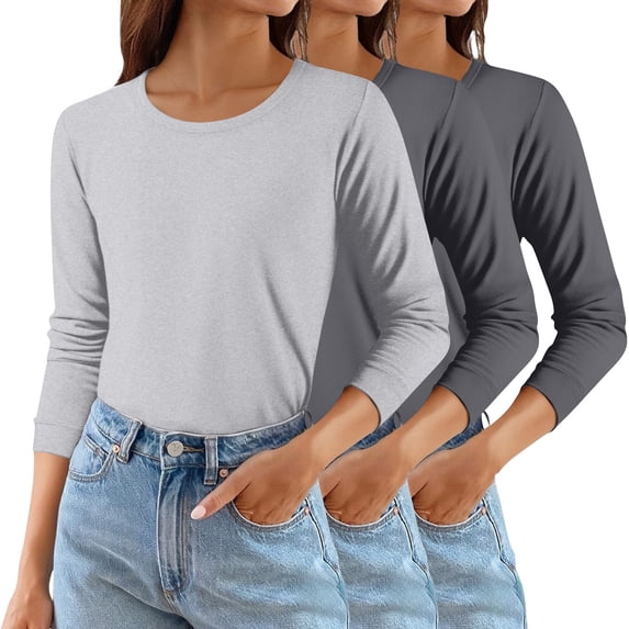 Breezora Women's Thermal Shirt Layering Essential Comfort Fit Round Neck 3-Pack Set For Everyday Wear L Size Khaki