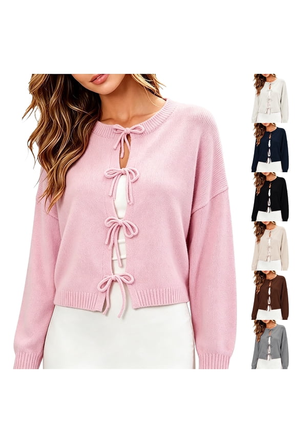Women's Tie Front Bow Chunky Knit Cardigan Long Puff Sleeve Trendy Fall Winter Sweater