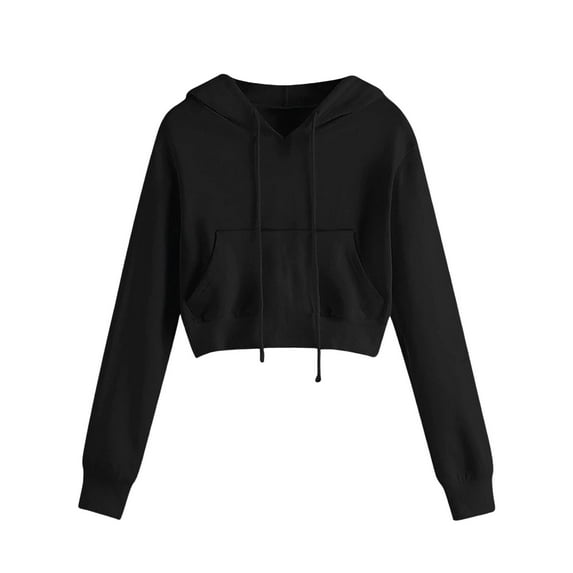 Breezora Women's Trendy Cropped Hoodie with Drawstring Long Sleeve Pullover Top Lightweight Comfortable Street Style Fashion Top L Size Black