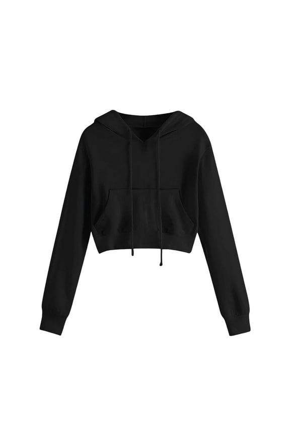 Women's Trendy Cropped Hoodie with Drawstring Long Sleeve Pullover Top Lightweight Comfortable Street Style Fashion Top S Size Black