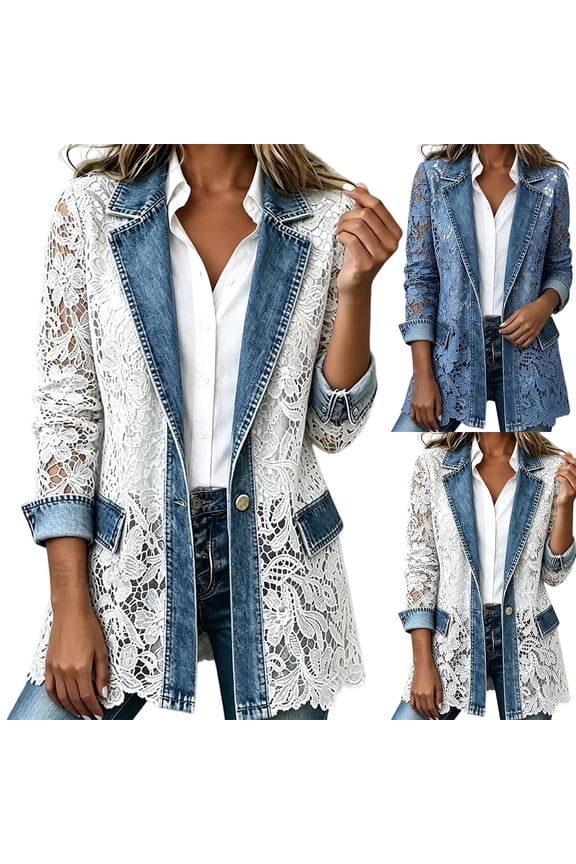 Women's Trendy Lace Patchwork Denim Jacket Long Sleeve Slim Fit Mid Length Fall Casual Comfortable Everyday Outerwear