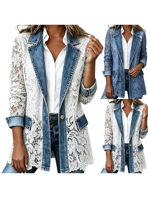 Women's Trendy Lace Patchwork Long Sleeve Slim Fit Mid-Length Denim Jean Jacket for Fall Casual Everyday Wear Outfit