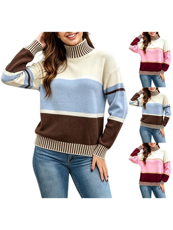 Women's Turtleneck Pullover Sweater Long Sleeve Drop Shoulder Loose Fit Striped Knit Casual Comfortable Essential Top