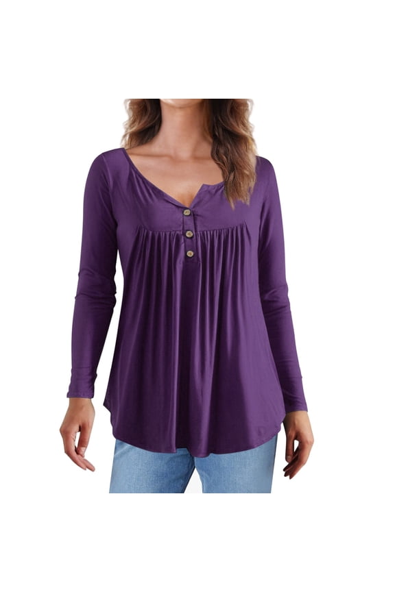 Women's V-Neck Button Detail Long Sleeve Blouse Soft Stretch Fabric Comfortable Tailored Fit Versatile Daily Top XXL Size Purple