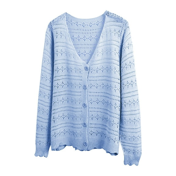 Breezora Women's V Neck Knit Cardigan Long Sleeve Lightweight Cover Up With Breathable Openwork Design All Season L Size Blue