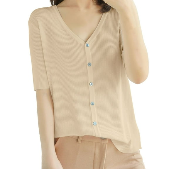 Breezora Women's V Neck Knit Cardigan Short Sleeve Loose Fit Lightweight Cover Up Casual Summer Beach Wear L Size Beige