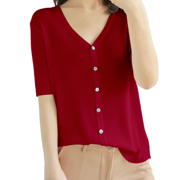 Breezora Women's V Neck Knit Cardigan Short Sleeve Loose Fit Lightweight Cover Up Casual Summer Beach Wear L Size Red