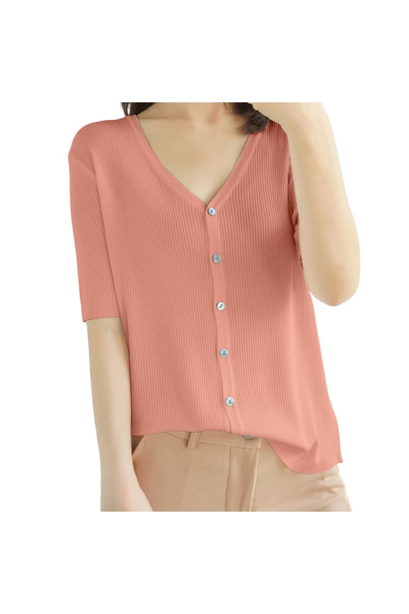 Women's V Neck Knit Cardigan Short Sleeve Loose Fit Lightweight Cover Up Casual Summer Beach Wear XL Size Pink