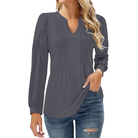 Breezora Women's V Neck Pleated Blouse Puff Long Sleeve Printed Tops Flowy Shirt for Fall Fashion L Size Grey