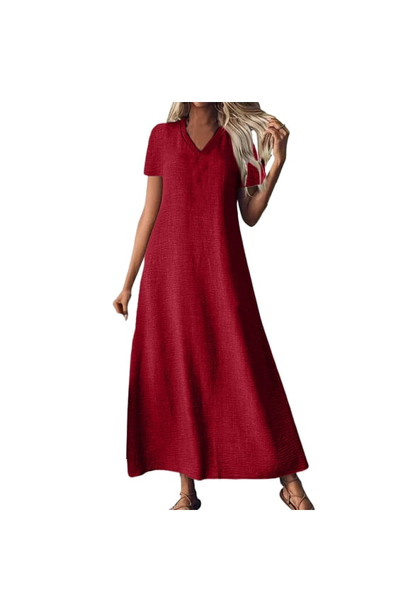 Women's V Neck Short Sleeve Linen Maxi Dress with Back Zipper Comfortable Summer Beach Dress XXL Size Wine