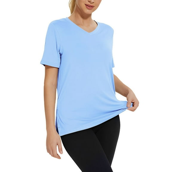 Breezora Women's V Neck Split Hem Shirt Airy Summer Casual Short Sleeve Top L Size Blue