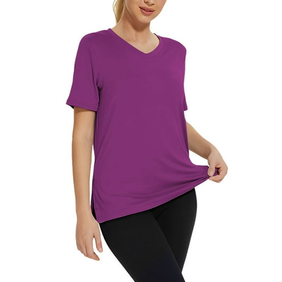 Breezora Women's V Neck Split Hem Shirt Airy Summer Casual Short Sleeve Top M Size Purple