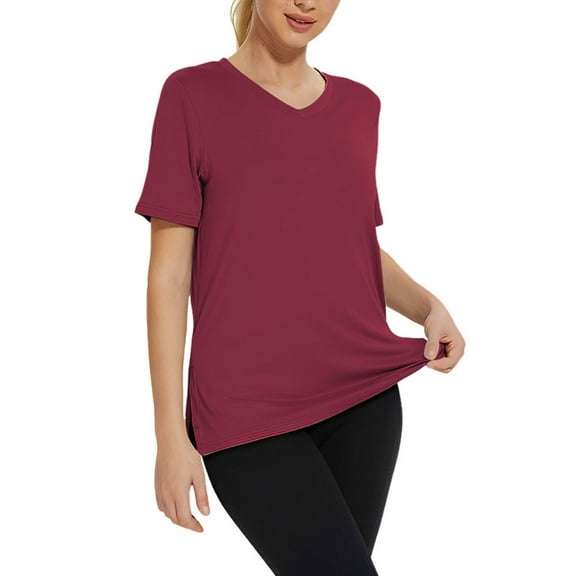 Breezora Women's V Neck Split Hem Shirt Airy Summer Casual Short Sleeve Top M Size Red