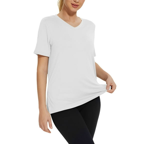 Breezora Women's V Neck Split Hem Shirt Airy Summer Casual Short Sleeve Top M Size White