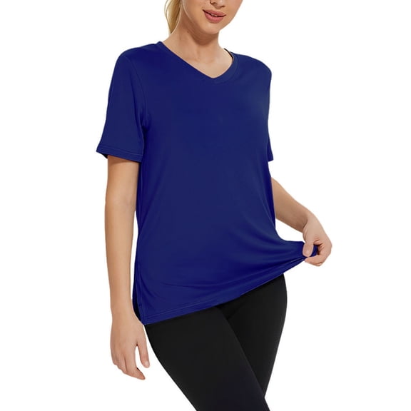 Breezora Women's V Neck Split Hem Shirt Airy Summer Casual Short Sleeve Top XL Size Dark Blue
