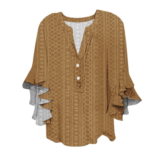 Breezora Women's V Neck Tie Front Blouse with Ruffled Short Sleeves Airy Hollow Out Design Casual Workwear Tops L Size Coffee