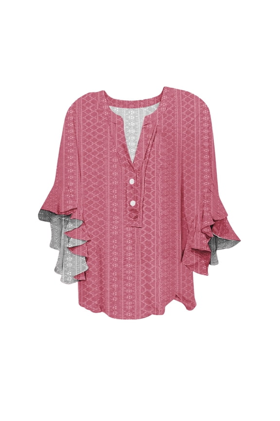Women's V Neck Tie Front Blouse with Ruffled Short Sleeves Airy Hollow Out Design Casual Workwear Tops L Size Hot Pink