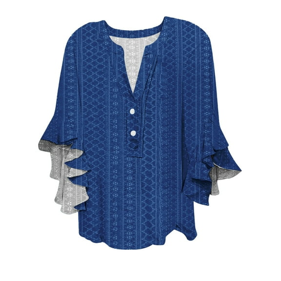 Breezora Women's V Neck Tie Front Blouse with Ruffled Short Sleeves Airy Hollow Out Design Casual Workwear Tops S Size Dark Blue