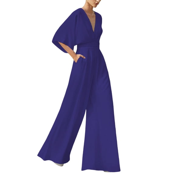 Breezora Women's V Neck Wide Leg Jumpsuit Short Sleeve Romper Elegant Casual Wear for Cocktail Parties L Size Blue