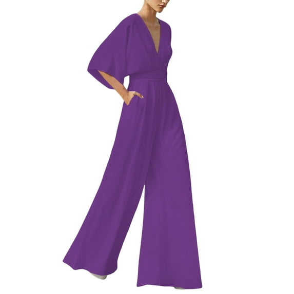 Breezora Women's V Neck Wide Leg Jumpsuit Short Sleeve Romper Elegant Casual Wear for Cocktail Parties M Size Purple
